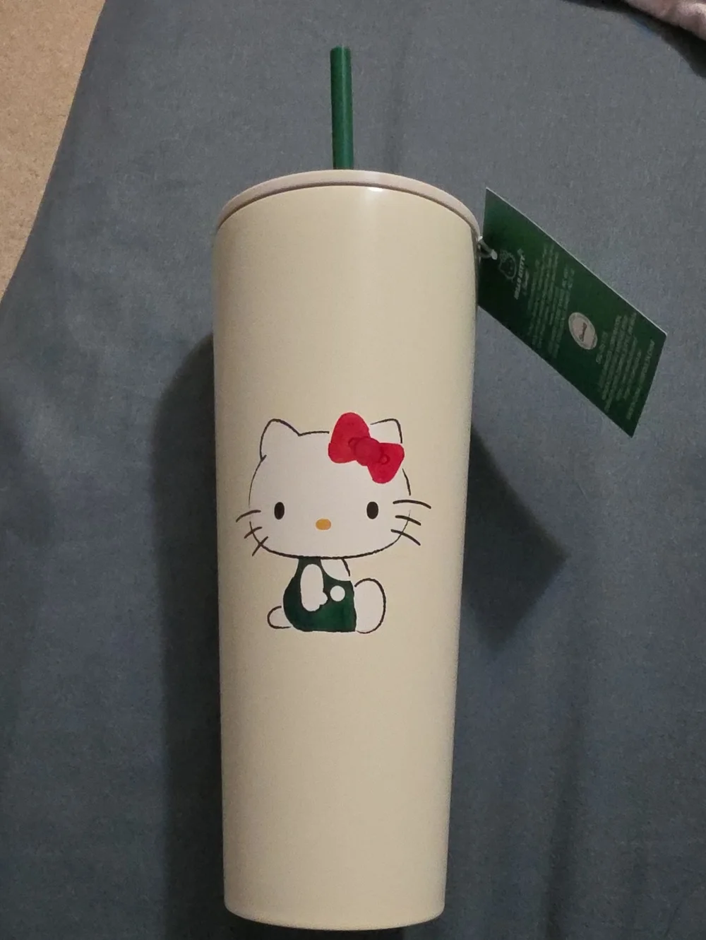 Hello Kitty Cream Stainless Travel Tumbler with Green Straw